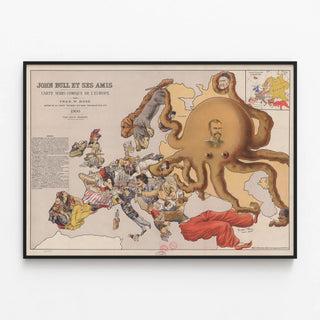 Vintage poster of John Bull and his friends - Humorous map of Europe 1900 — framed artwork on a wall
