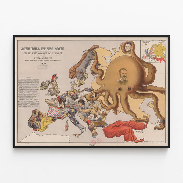 Vintage poster of John Bull and his friends - Humorous map of Europe 1900 — framed artwork on a wall