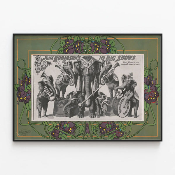 Vintage poster John Robinson’s 10 Big Shows Trained Elephants — framed artwork on a wall