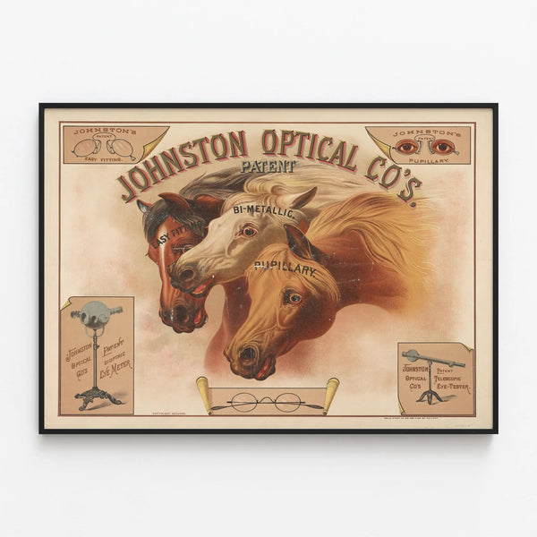 Vintage Johnston Optical Co Poster - Retro wall decoration with horses and optical instruments — framed artwork on a wall