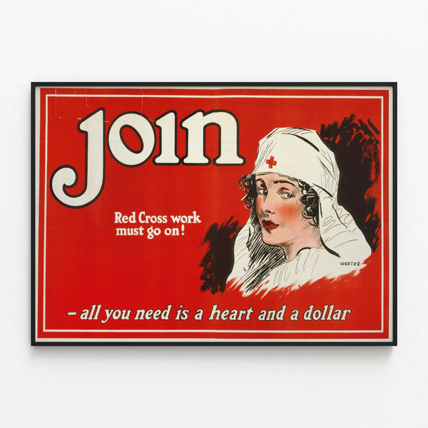 Vintage Red Cross Poster - Join Red Cross work must go on — framed artwork on a wall
