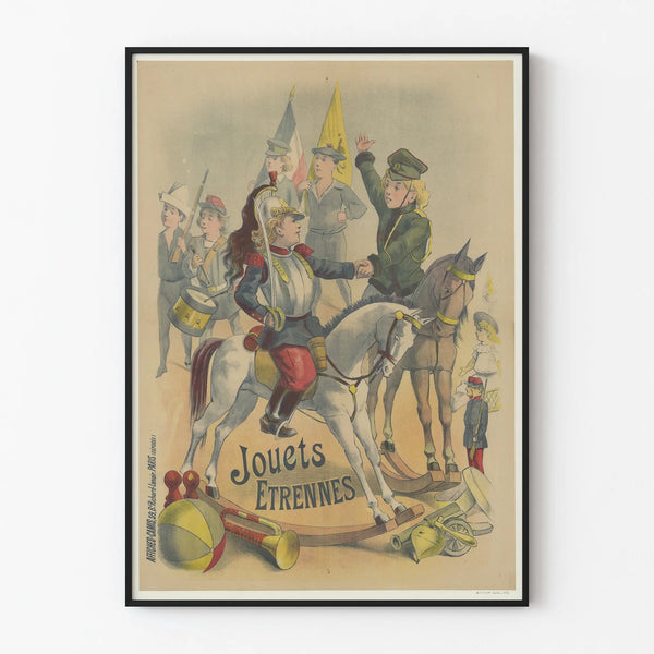 Vintage poster of Toys and New Year's gifts with children in costumes and antique toys