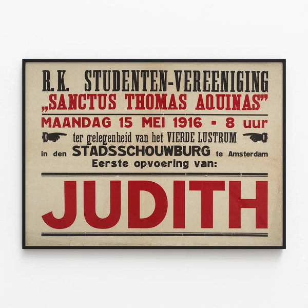 Vintage poster of the theatrical performance Judith 1916 — framed artwork on a wall