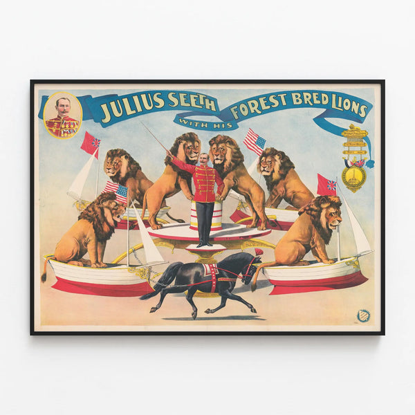 Vintage Poster of Julius Seeth and His Forest Lions — framed artwork on a wall