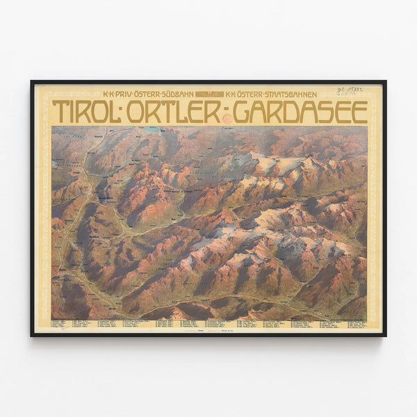Vintage Map Poster Tirol Ortler Lake Garda - Mountain Wall Decoration — framed artwork on a wall
