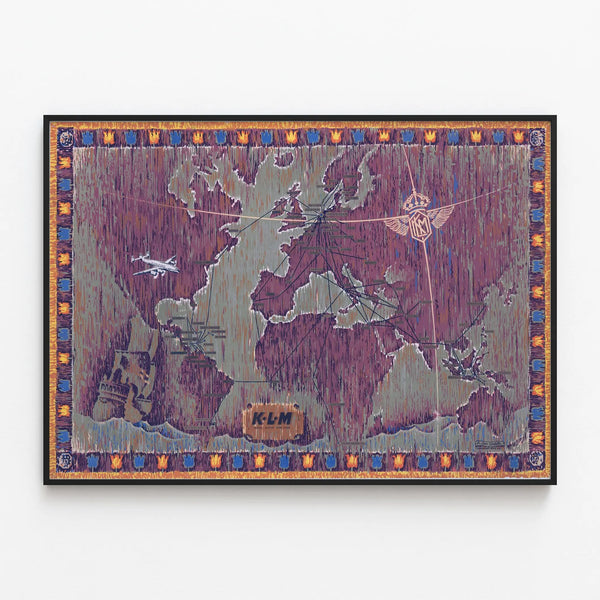 Vintage Poster of the Air Network World Map KLM Royal Dutch Airlines — framed artwork on a wall