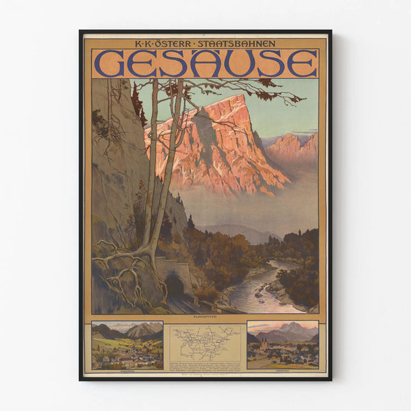 Vintage Gesause Poster - Mountain and Old Train Wall Decoration
