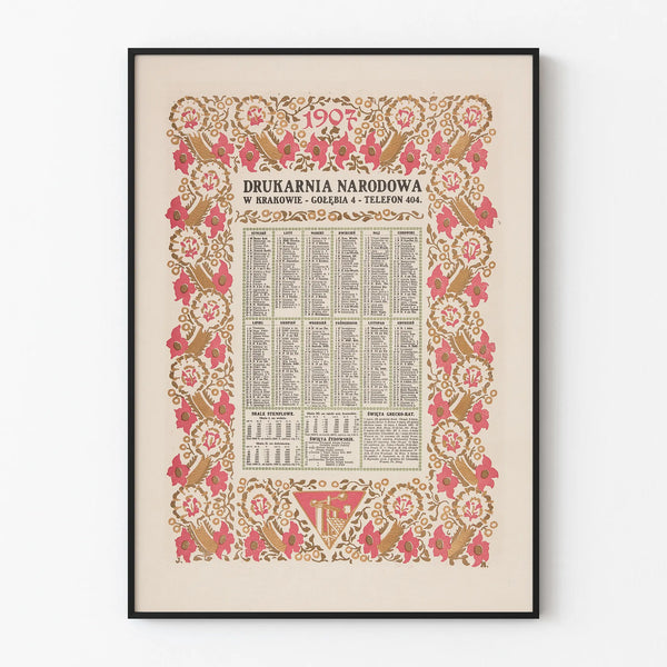 Vintage Style 1907 Calendar Poster with Floral Decoration