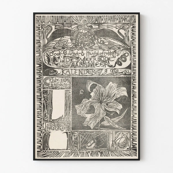 Vintage calendar poster 1893 decorated with a lily in engraving