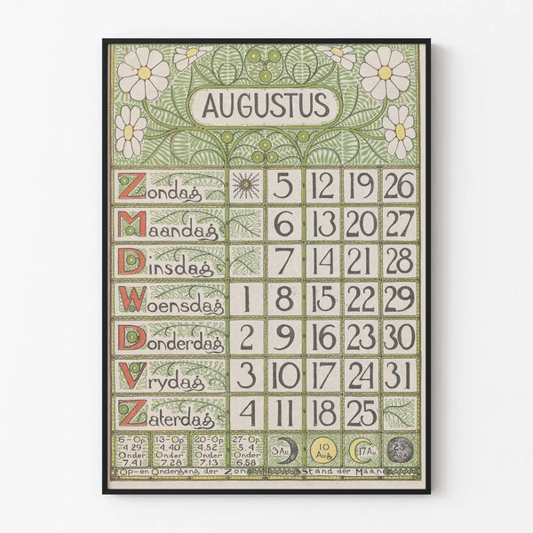 Vintage August 1900 Calendar Poster for Retro Wall Decoration