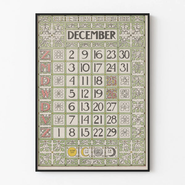December 1900 Vintage Style Poster with Calendar and Botanical Illustrations