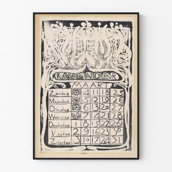 Vintage poster calendar March 1894 in Art Nouveau style