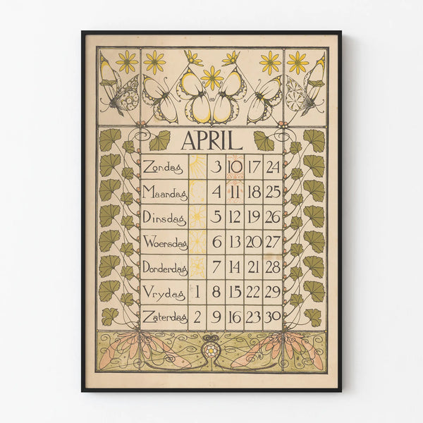Vintage calendar poster for April 1898 wall decoration
