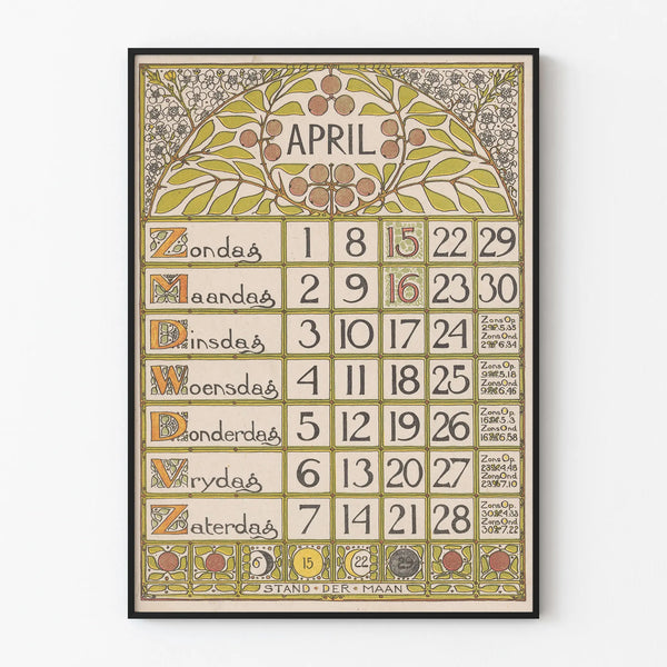 Vintage Wall Decoration Calendar Poster for April 1900
