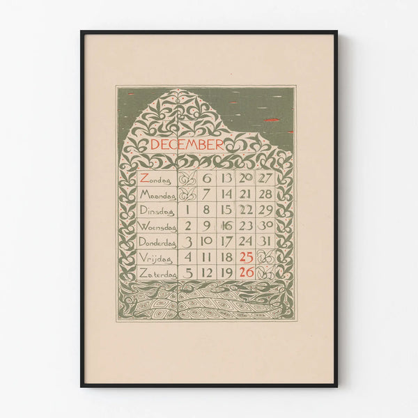 Decorative Calendar Poster December Vintage 1896