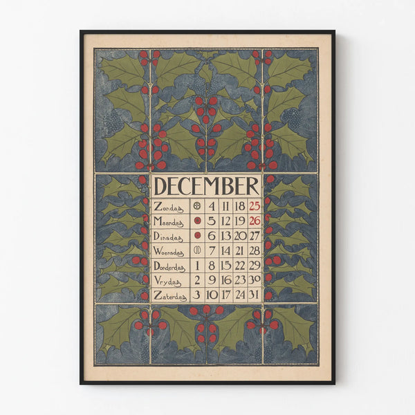 Vintage Wall Poster December 1898 Calendar - Seasonal Decoration