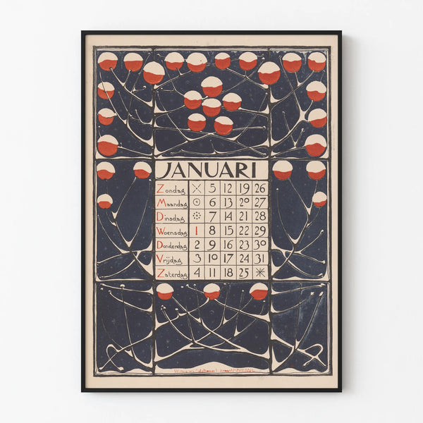 January 1896 vintage botanical style calendar poster