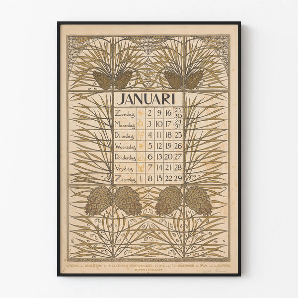 Vintage January Calendar Poster 1898 with Art Nouveau Floral Pattern