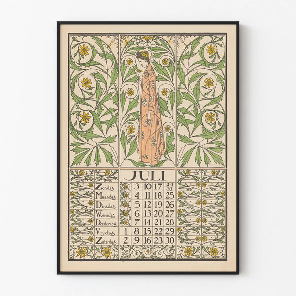 Art Nouveau Calendar Poster July 1898 Floral Wall Decoration