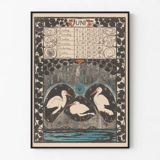 Vintage calendar poster June 1896 with herons and floral patterns