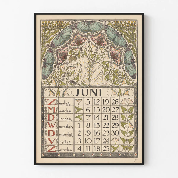 Vintage calendar poster June 1898 with butterfly and floral decor
