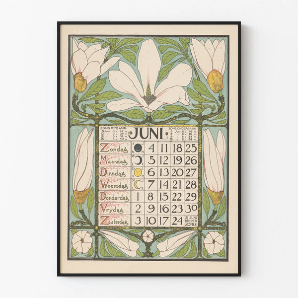 Decorative wall calendar for June 1899 with vintage floral patterns