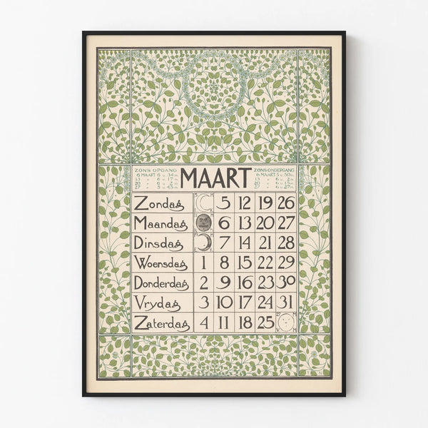 Decorative March calendar poster with floral motifs