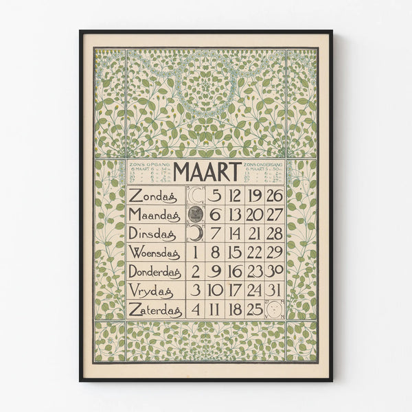 Wall Poster Calendar March 1899 Art Nouveau with Foliage