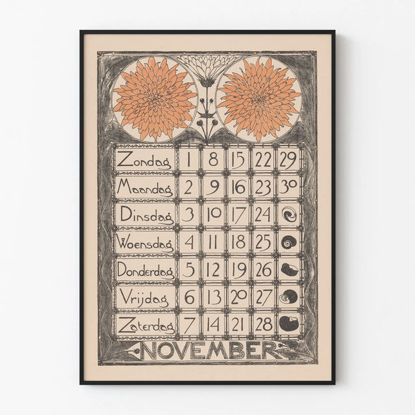 Vintage decorative calendar poster November 1896
