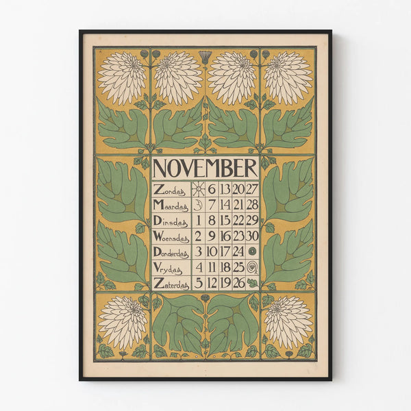 Vintage Calendar Poster November 1898 Botanical Wall Decoration