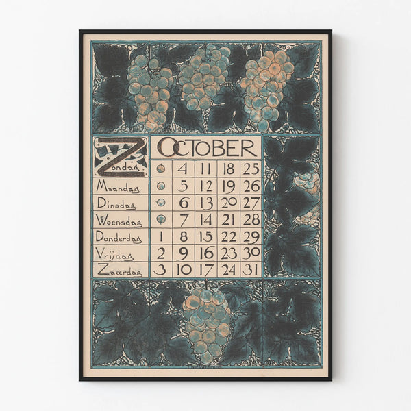 Vintage October Calendar Poster 1896 with Vines Decoration