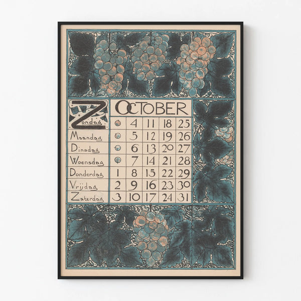 Vintage Calendar Poster October 1896 Art Nouveau Style