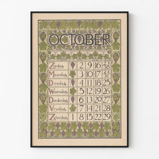 Vintage October 1898 Calendar Poster with Vineyard Pattern
