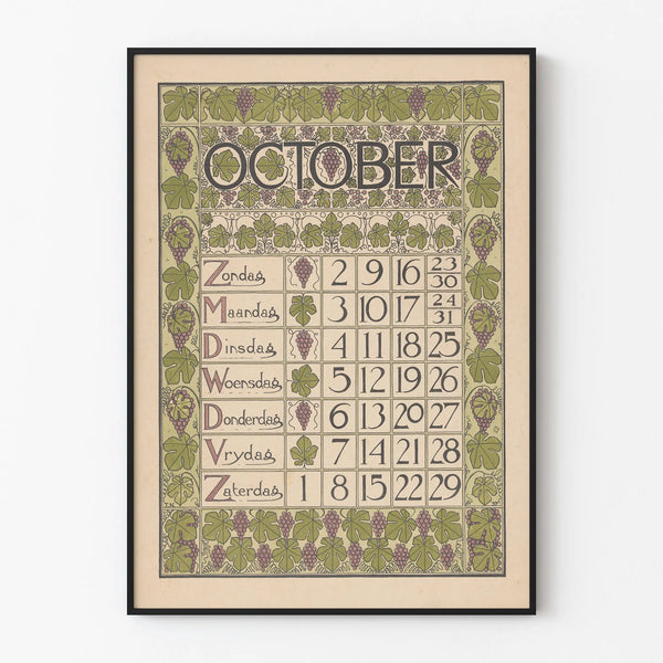 Vintage October 1898 Calendar Poster with Vineyard Pattern