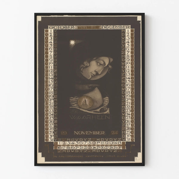 Vintage style wall calendar poster October to December 1924