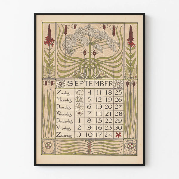 Vintage Calendar Poster September 1898 Botanical Wall Decoration