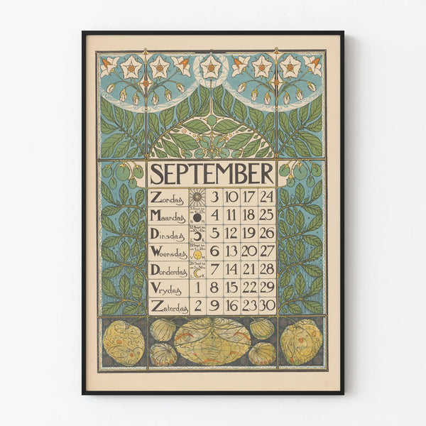 Vintage calendar poster September 1899 with botanical decoration