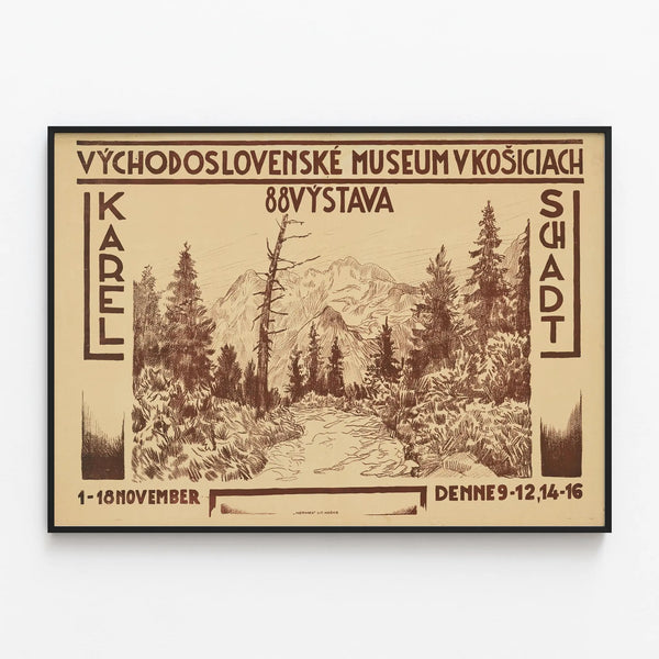 Vintage poster for Karel Schadt exhibition at the Košice Museum — framed artwork on a wall