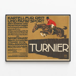 Vintage poster of an equestrian tournament and horse racing sport — framed artwork on a wall