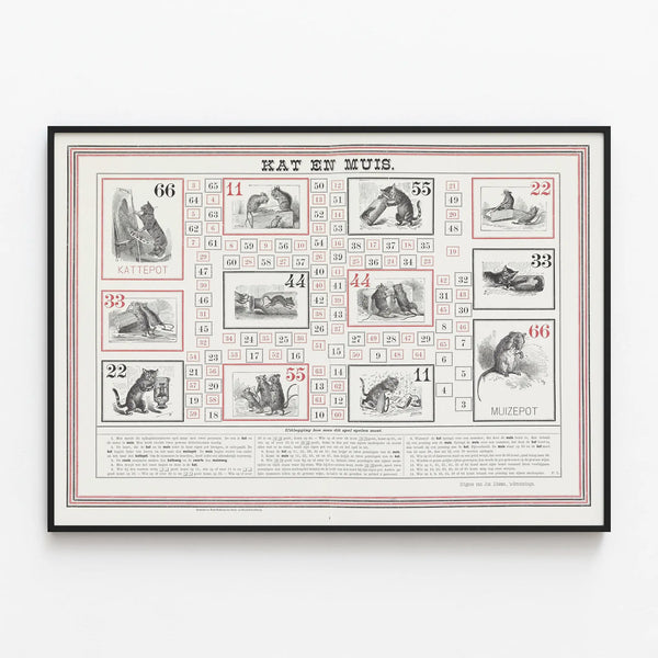 Vintage poster of a board game Cat and Mouse wall decoration — framed artwork on a wall