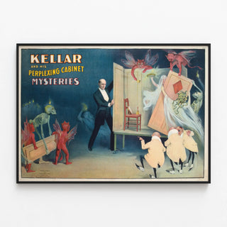Vintage poster of Kellar and his Mysteries of the Enigmatic Cabinet — framed artwork on a wall