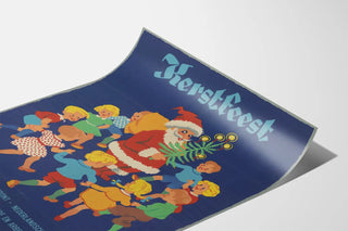 Vintage poster of Christmas celebration with Santa Claus and dancing children