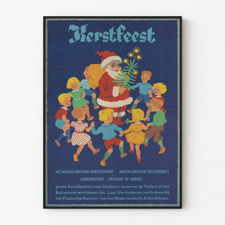 Vintage poster of Christmas celebration with Santa Claus and dancing children