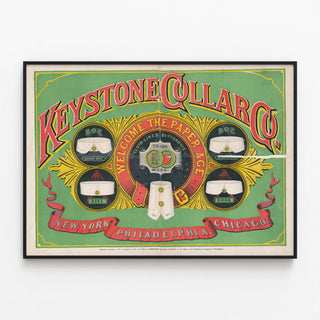 Vintage Poster Keystone Collar Co. Welcome to the Paper Age — framed artwork on a wall