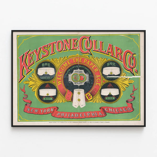 Vintage Poster Keystone Collar Co. Welcome to the Paper Age — framed artwork on a wall