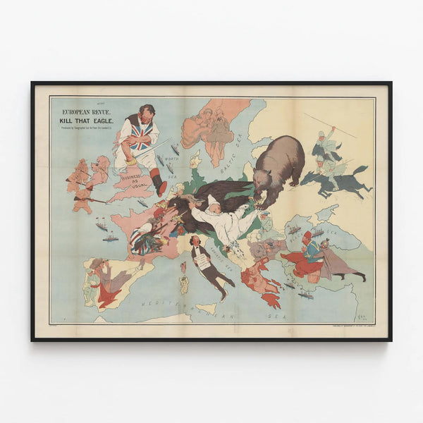 Vintage poster caricature of Europe "Kill That Eagle" — framed artwork on a wall
