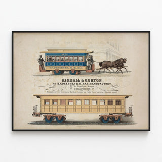 Vintage Poster of Kimball & Gorton Railroad Carriage Philadelphia — framed artwork on a wall