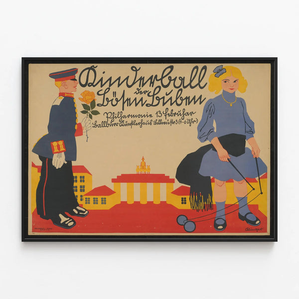 Vintage children's poster featuring a girl in a military uniform and a girl with a diabolo — framed artwork on a wall