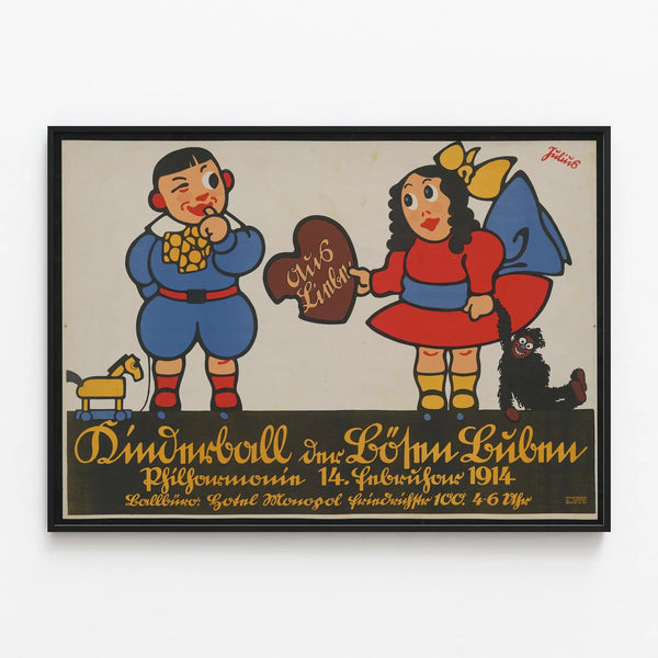 Vintage Kinderball poster with colorful childlike characters — framed artwork on a wall