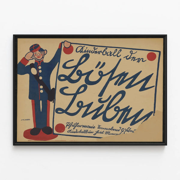 Vintage Kinderball poster with a symbolic soldier in blue and red — framed artwork on a wall